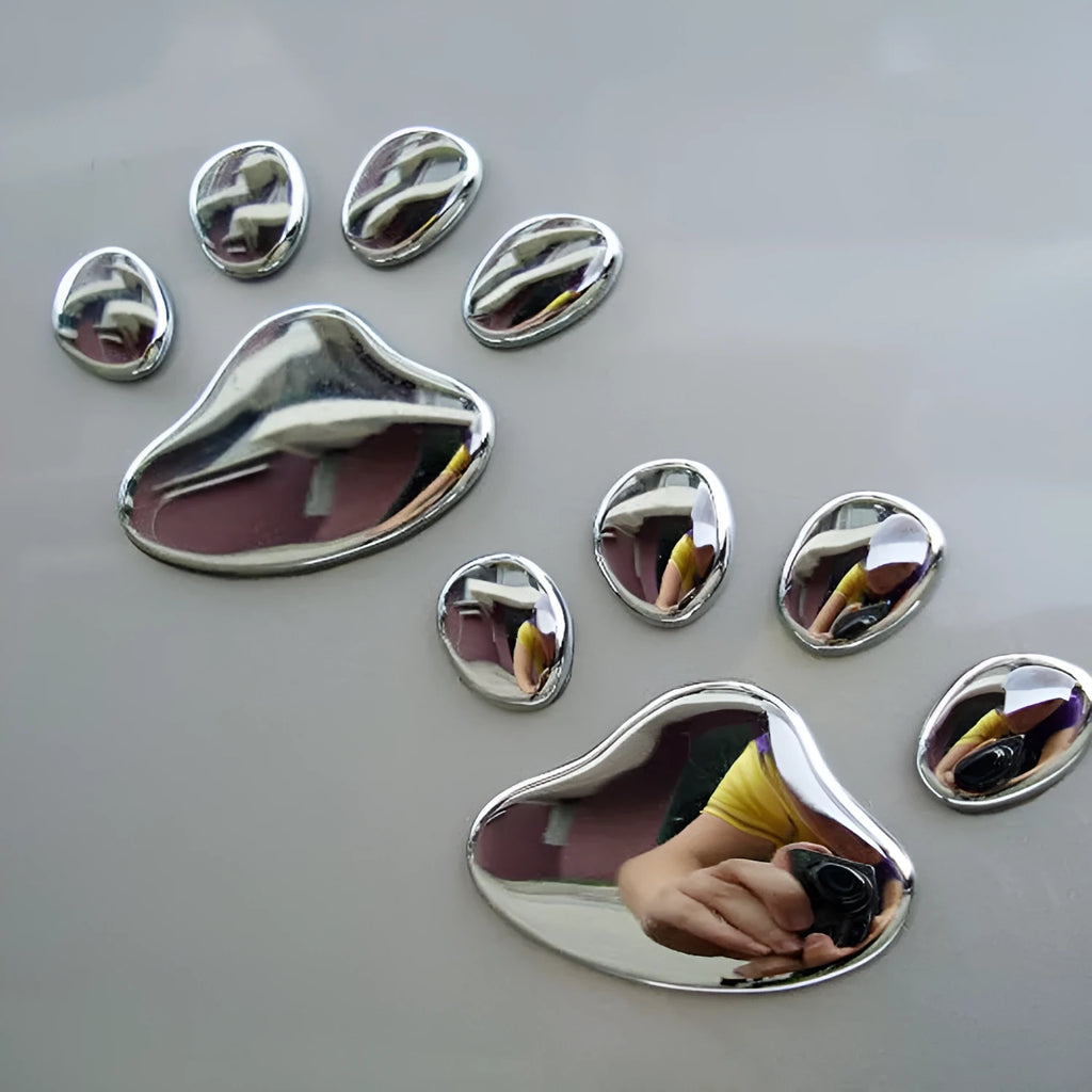Hand-shaped brush dog footprint car sticker in red, silver, gold, and black colour options.