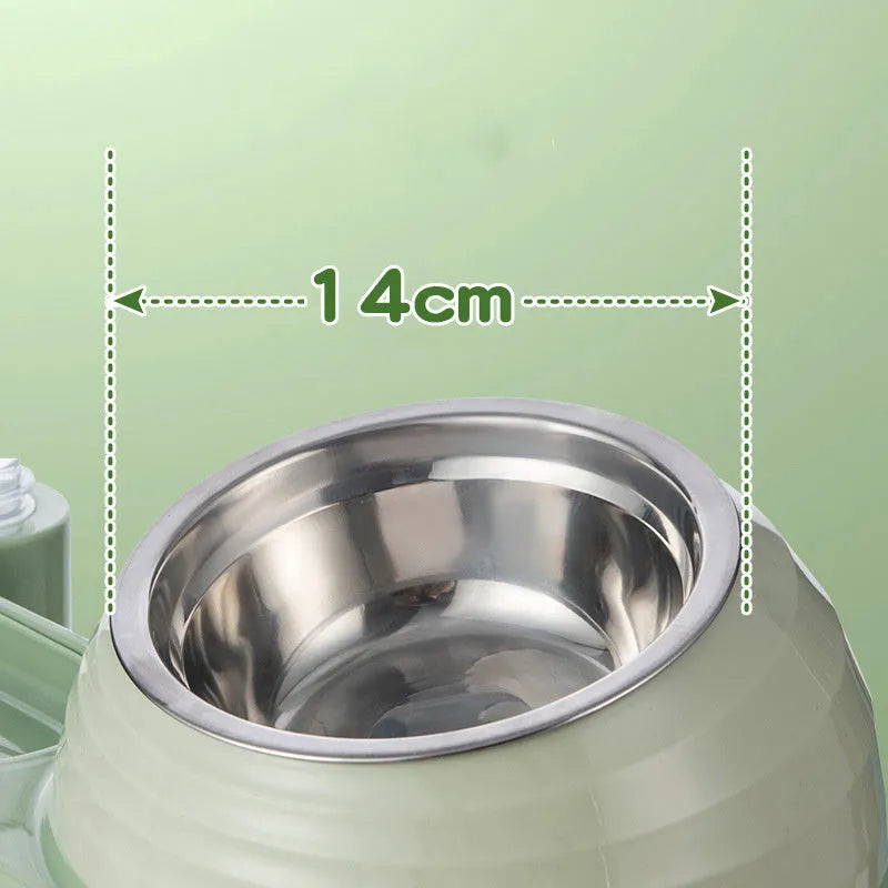 Brown elevated cat bowl with water dispenser bottle for automatic feeding