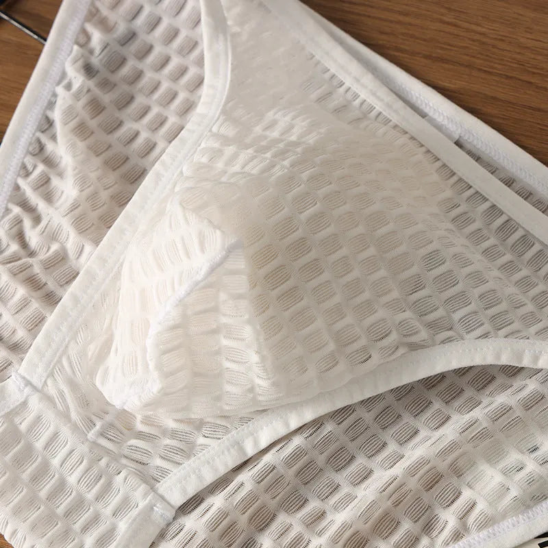 Men's low waist nylon lace underwear in light purple colour showing transparent visual design
