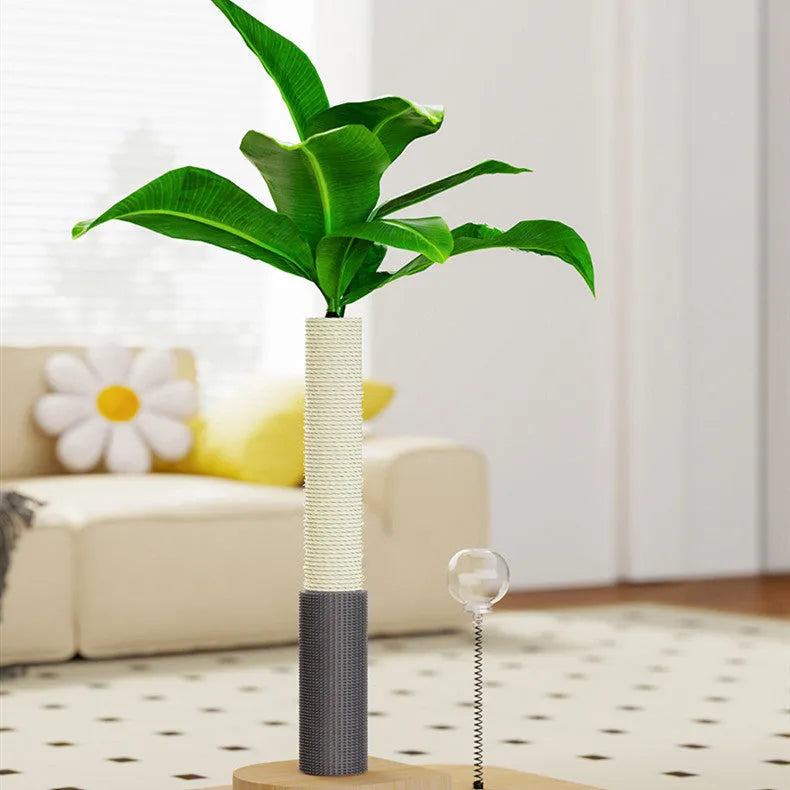 Wooden vertical cat scratching post with integrated food drop ball in canna colour