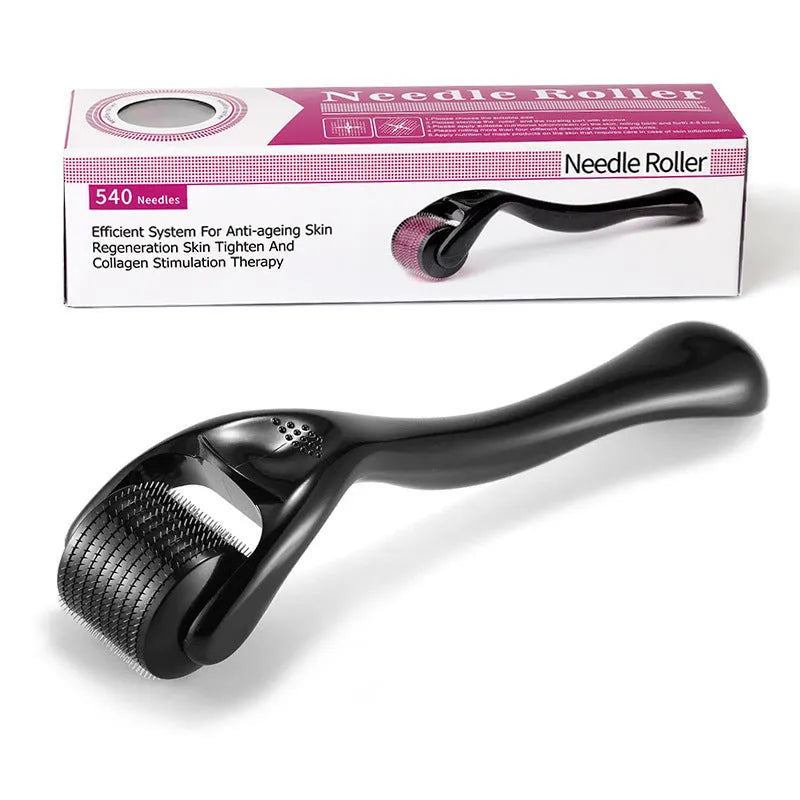 Black and purple derma rollers with 540 titanium microneedles, showing different needle length options from 0.2mm to 1.0mm