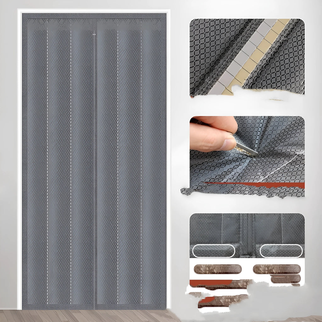 New Chinese style cotton door curtain with magnetic strip seal in grey diamond lattice pattern.