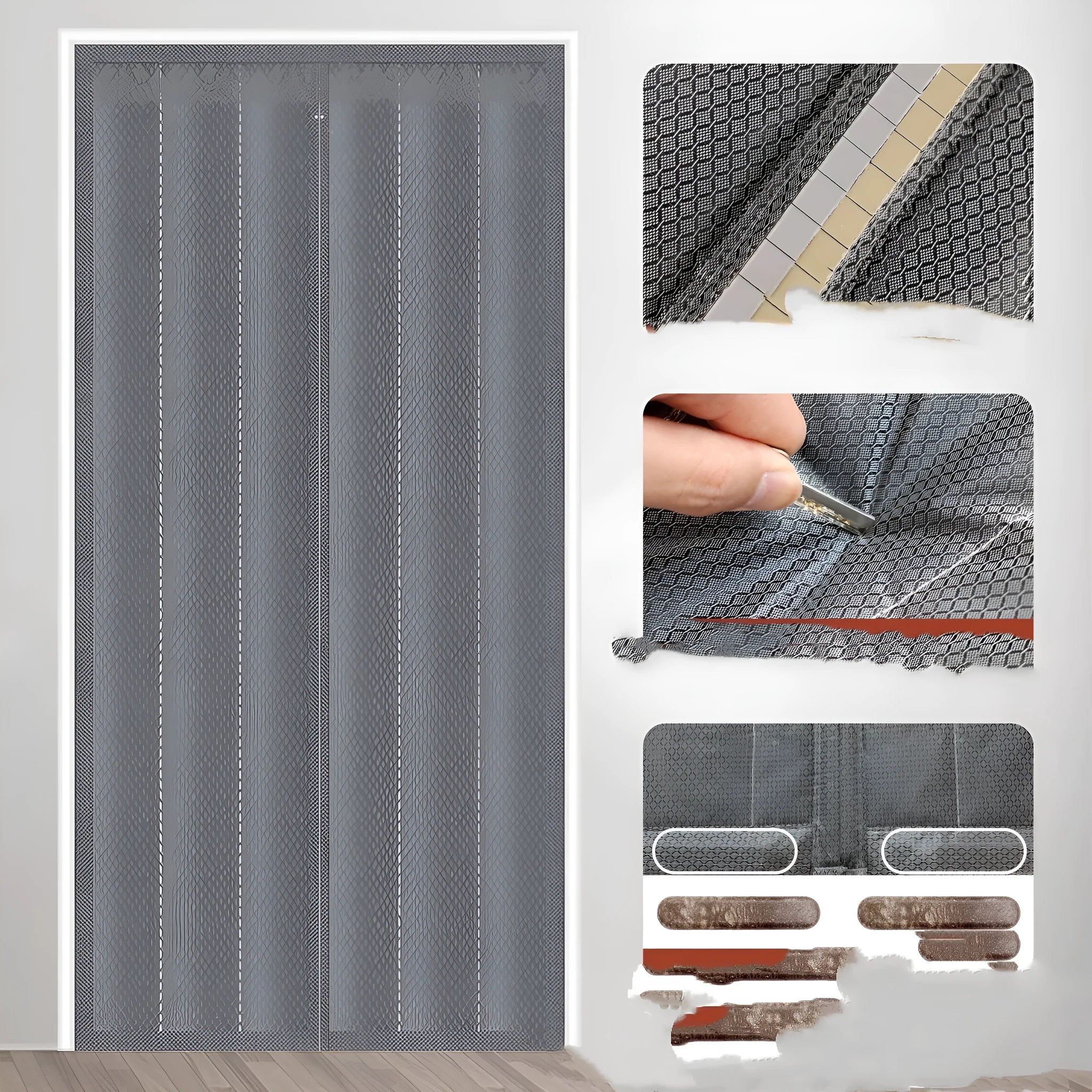 New Chinese style cotton door curtain with magnetic strip seal in grey diamond lattice pattern.