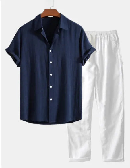 Casual loose beachwear set in a cotton-linen blend, shown in navy blue, on a model.