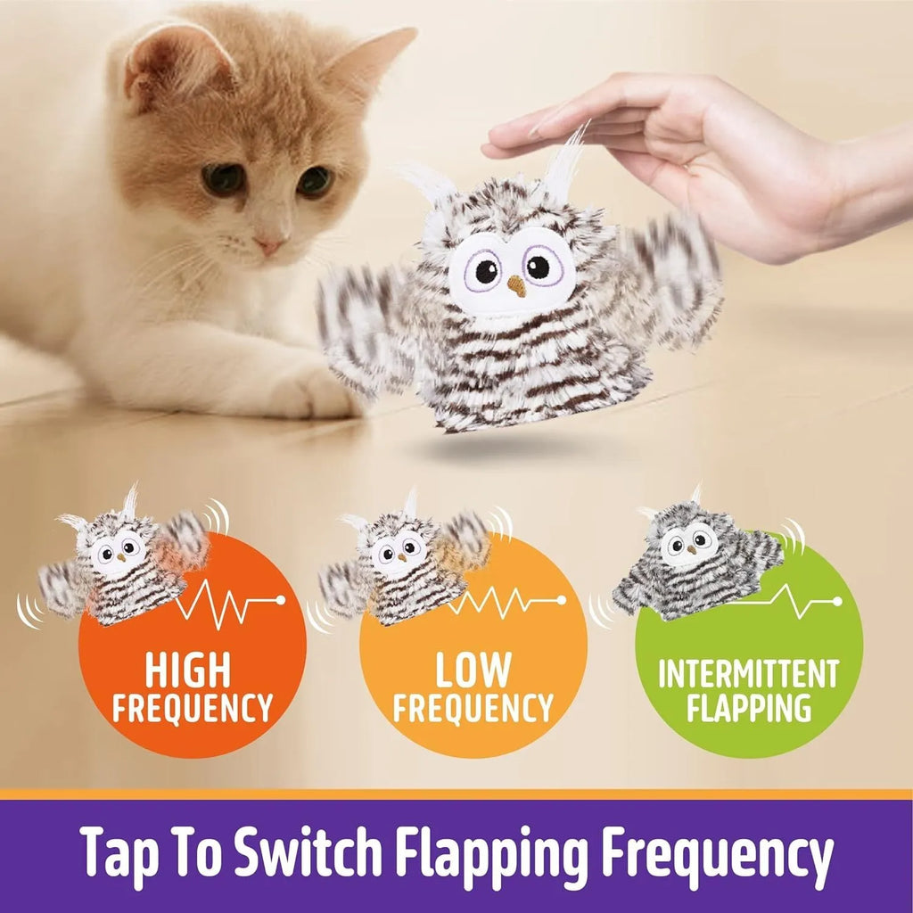 Grey automatic chirping owl cat toy with flapping wings on USB charging cable