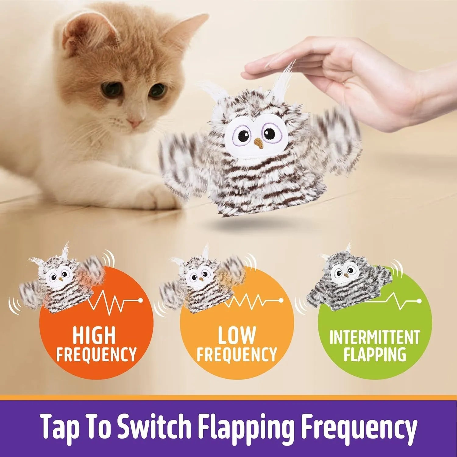 Grey automatic chirping owl cat toy with flapping wings on USB charging cable