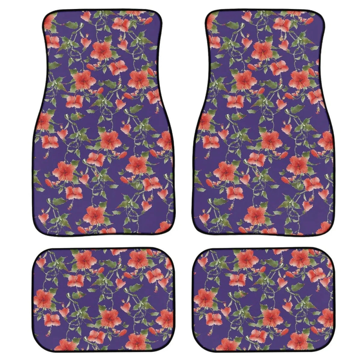 Black printed rubber car floor mat set, showing textured surface and 20mm thickness, four pieces for front and rear footwells.