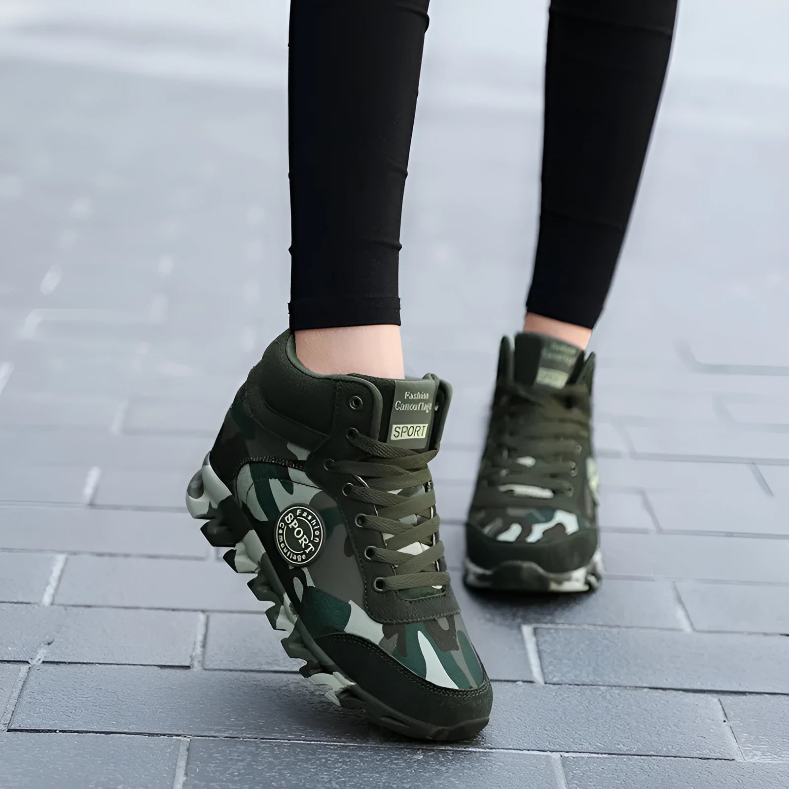 Women's green camouflage canvas sneakers with rubber sole on white background