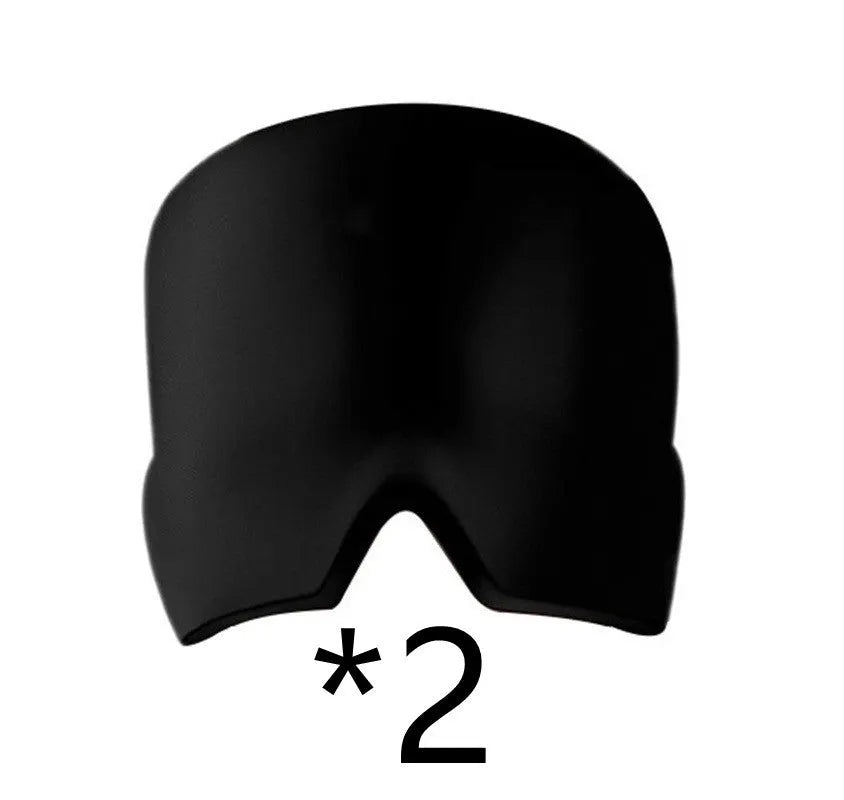 Black elastic cloth gel ice mask for headache relief, shown laid flat with dimensions 22 by 17 cm.