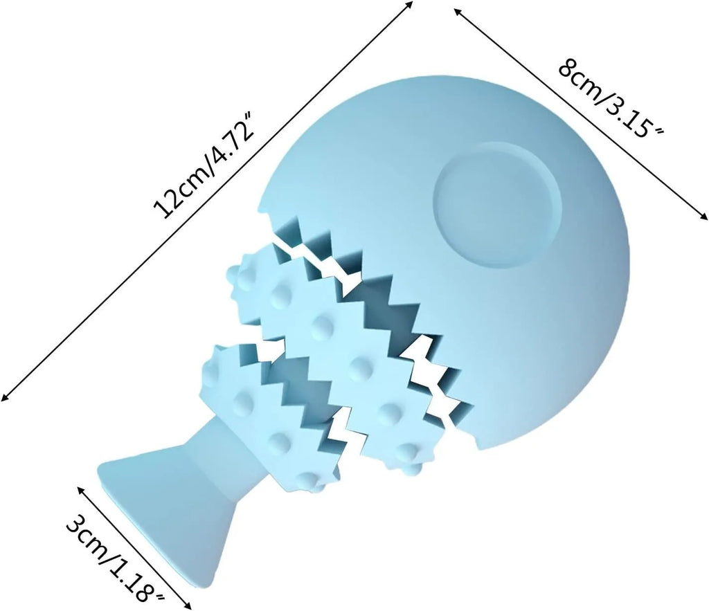 Blue fish bone shaped dog chew toy with treat hole for dental cleaning