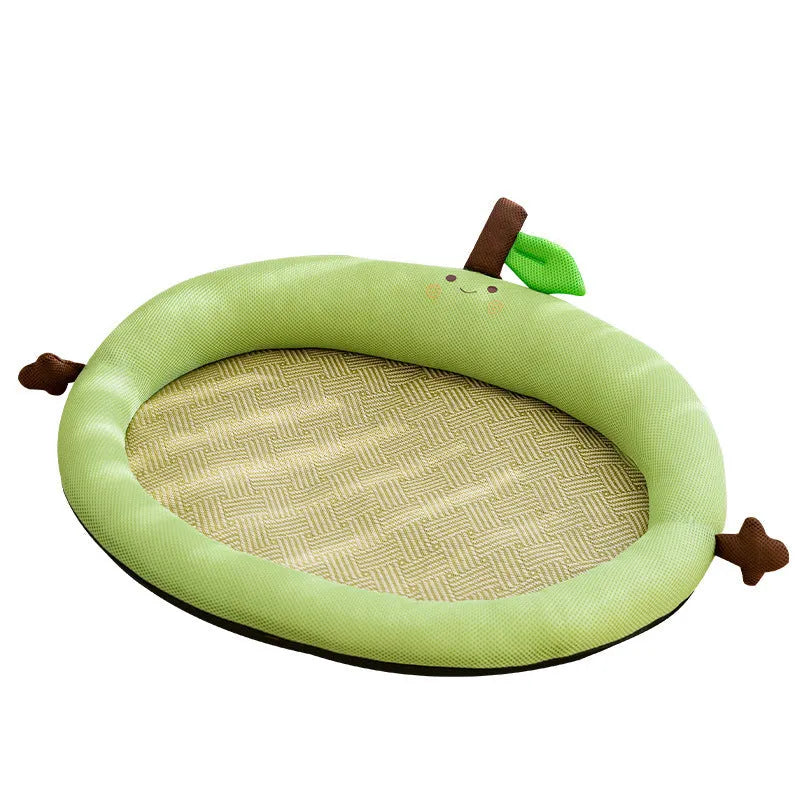 Green fruit backrest pet cushion bed for a dog, showing its nest-like shape and soft mat base.