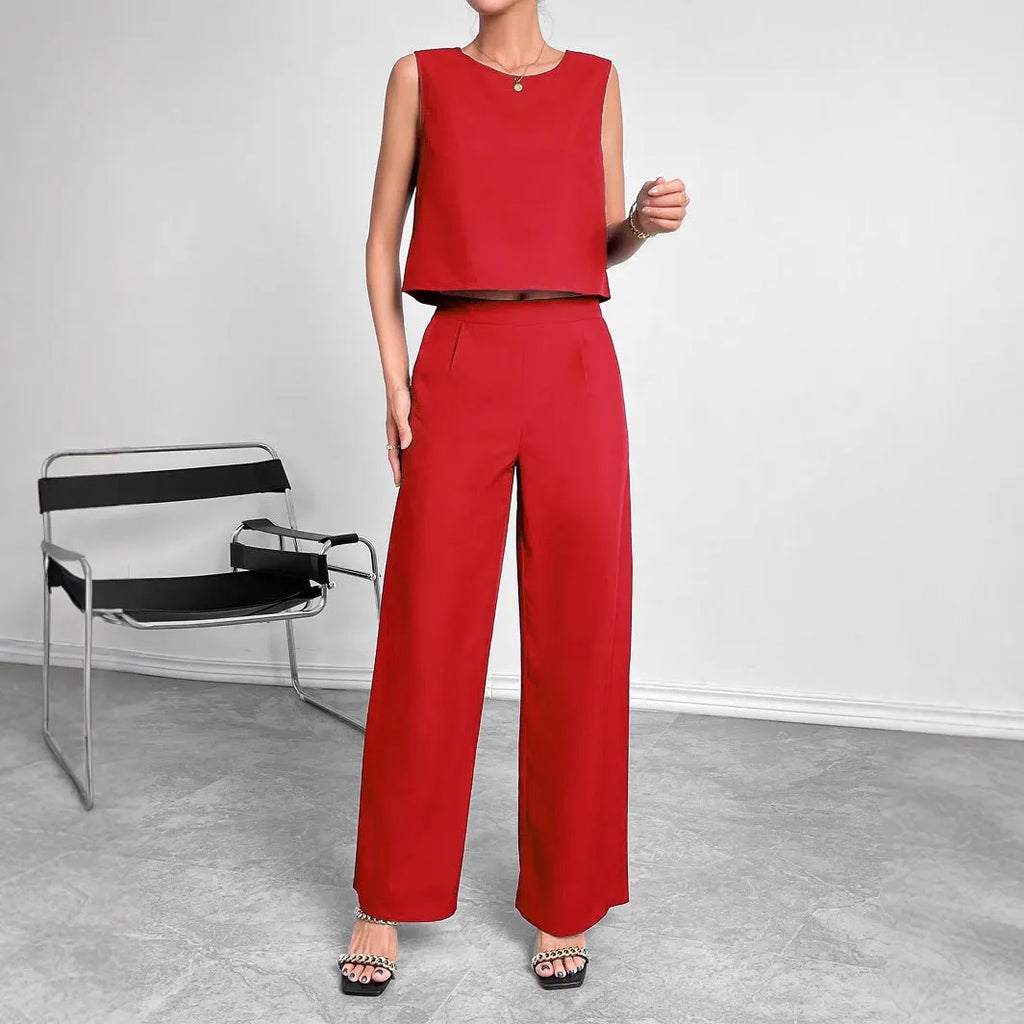 Women's red sleeveless top and wide-leg trousers two-piece polyester co-ord set on hanger