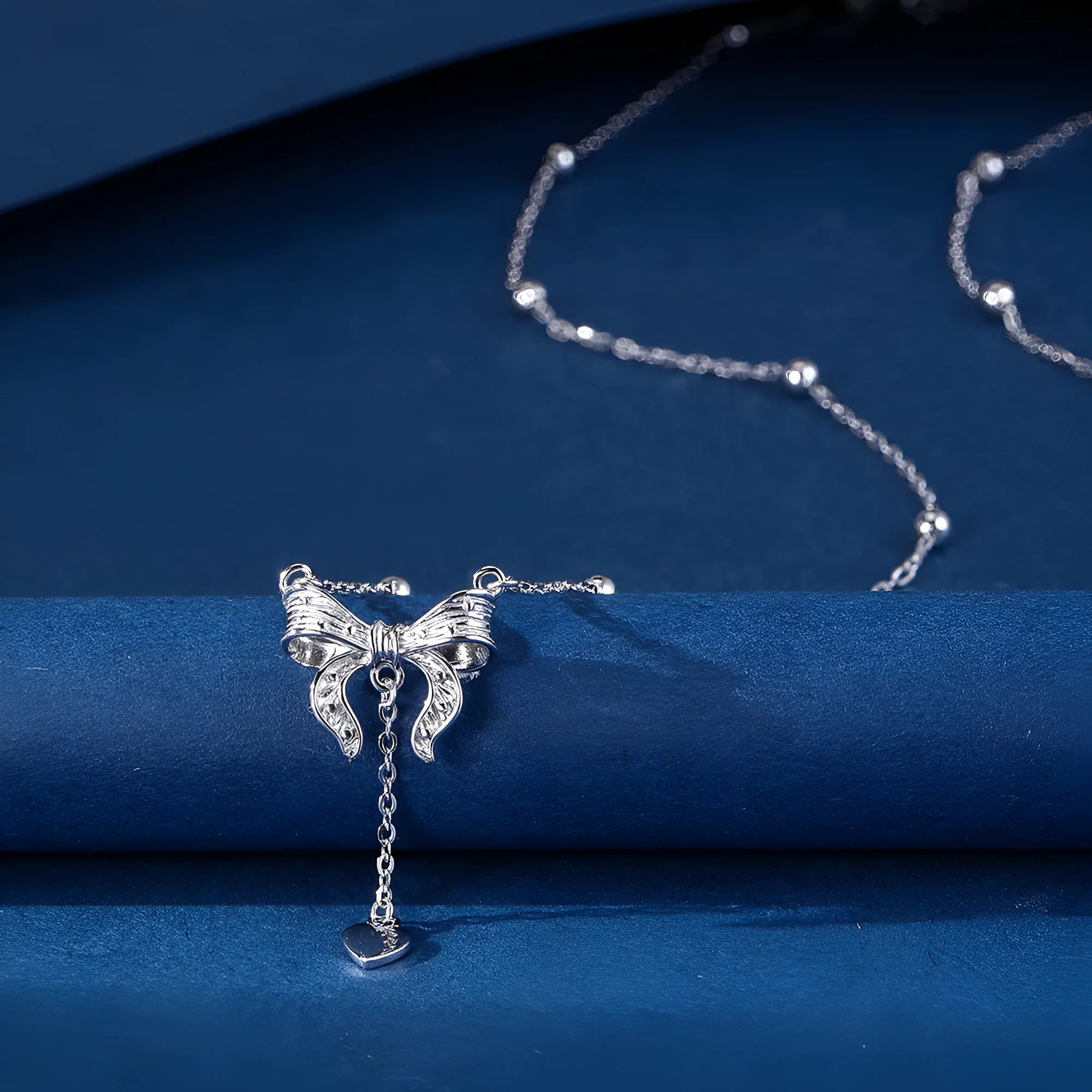 925 silver necklace with heart-shaped butterfly pendant on O-ring chain, adjustable 40-45cm length