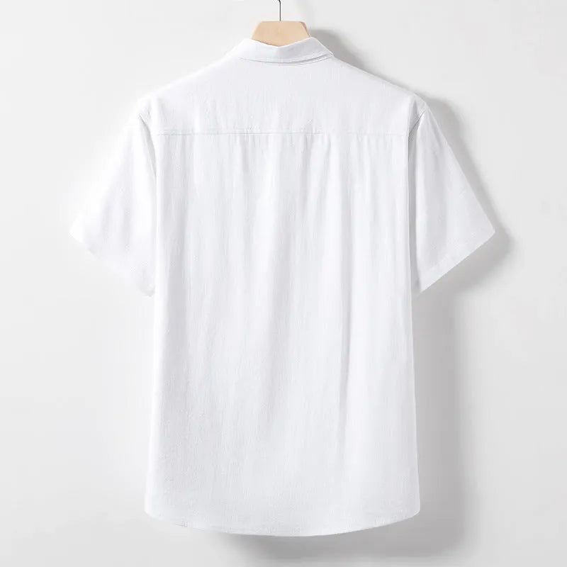 Men's linen blend T-shirt with loose lapel design in black, optic linen or white colours