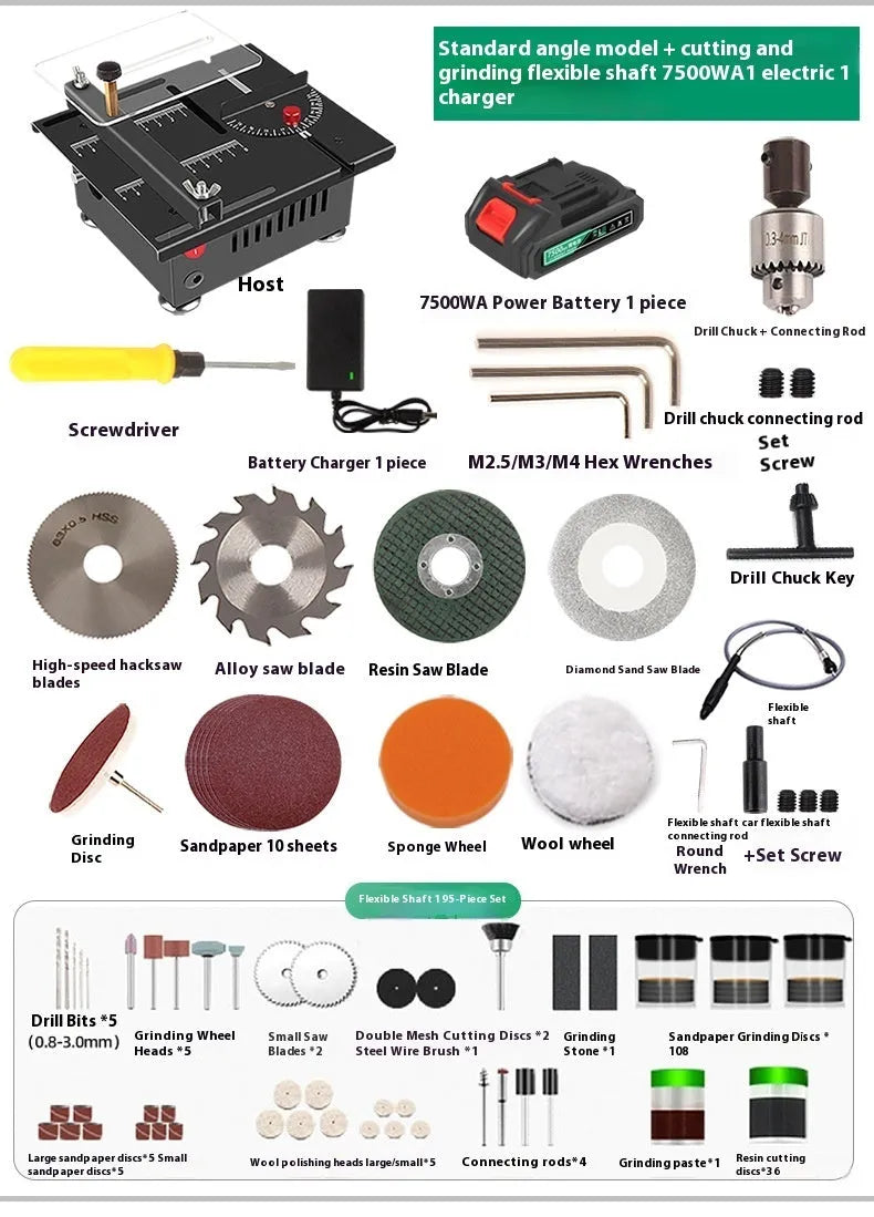 Lithium ion micro household desktop saw with metal construction on workbench