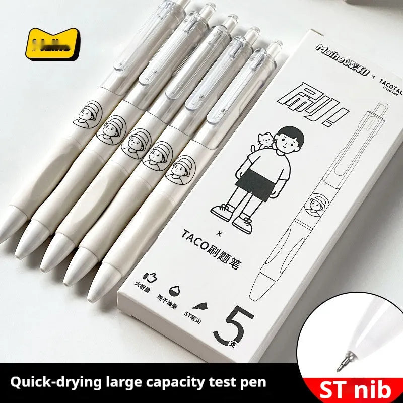 Five white plastic ballpoint pens with 0.5mm black ink nibs arranged together