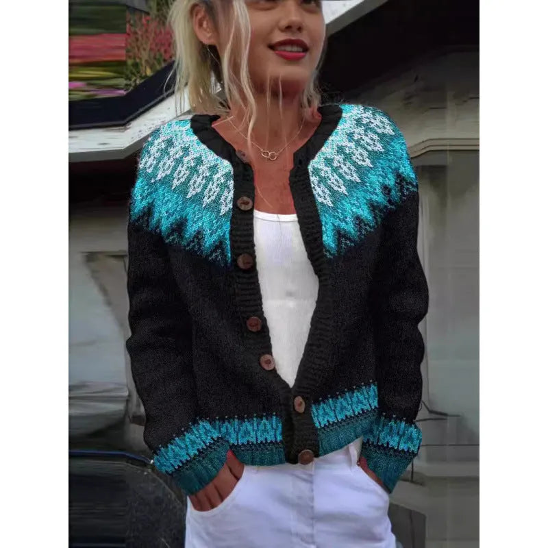 Yellow women's knitted cardigan coat with a 3D digital print pattern.