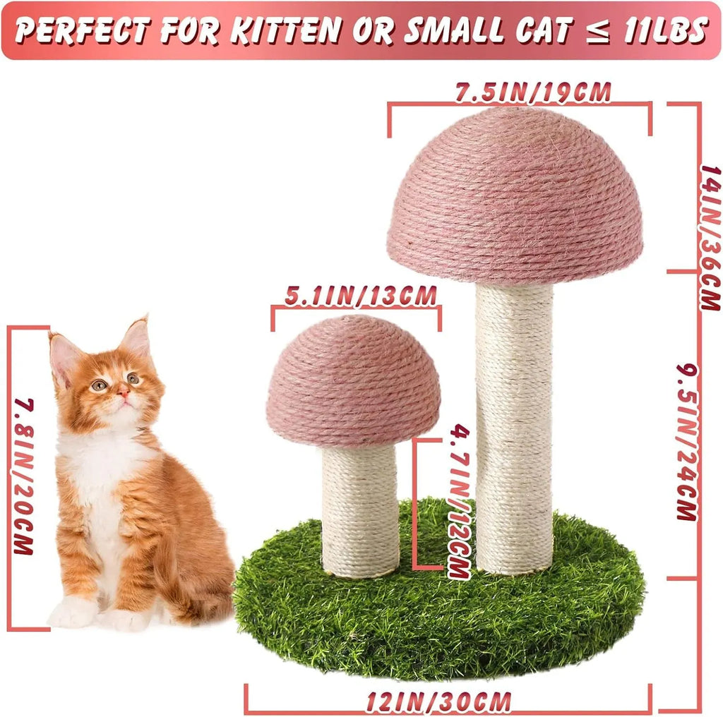 Pink mushroom-shaped cat scratching post with sisal-covered pole and caps on a sturdy base.