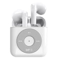 White wireless Bluetooth earphones with a charging case on a white background.