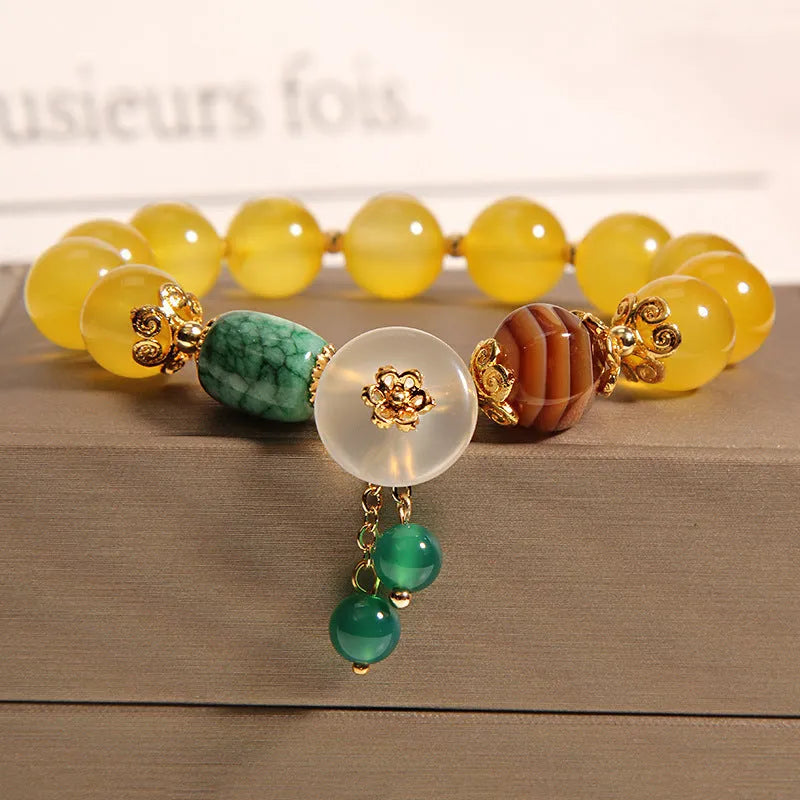 Khaki crystal bracelet with gold silk threading details for women