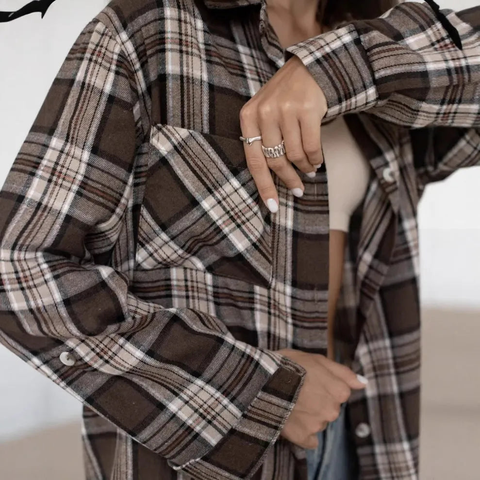 Dark brown striped women's retro shirt with long sleeves and cotton fabric