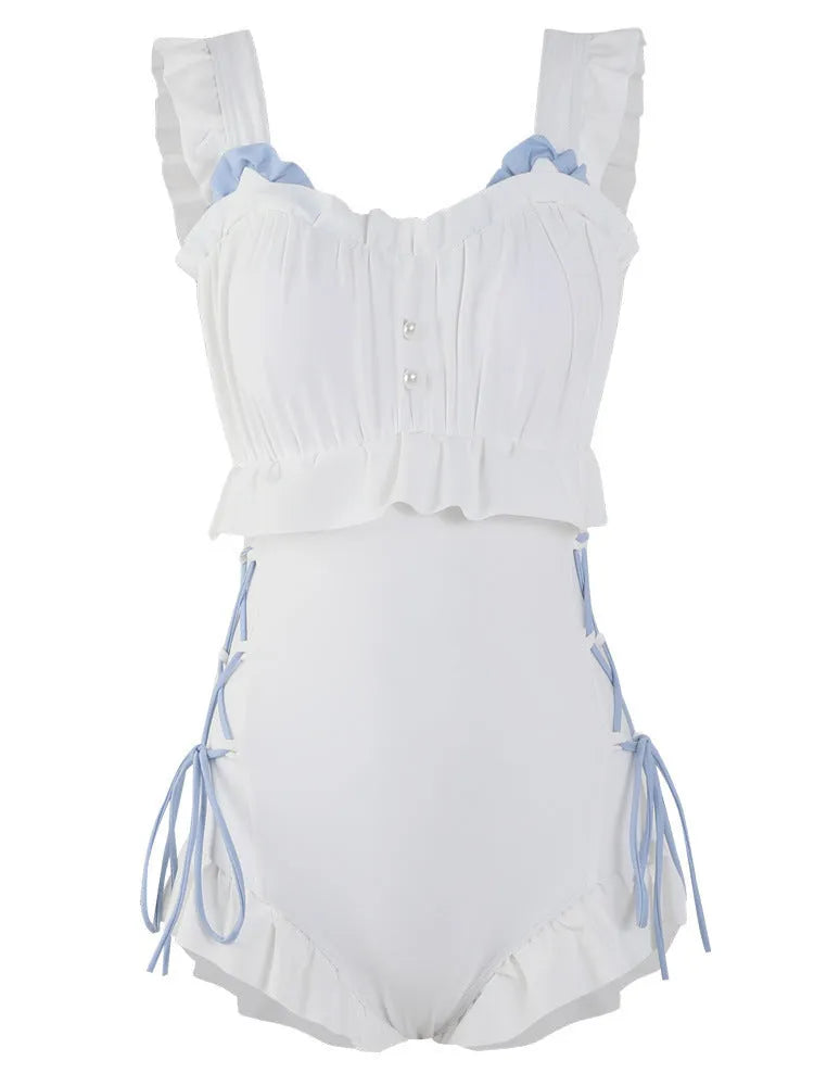 Women's milky white backless one-piece swimsuit nylon fabric for swimming and fitness
