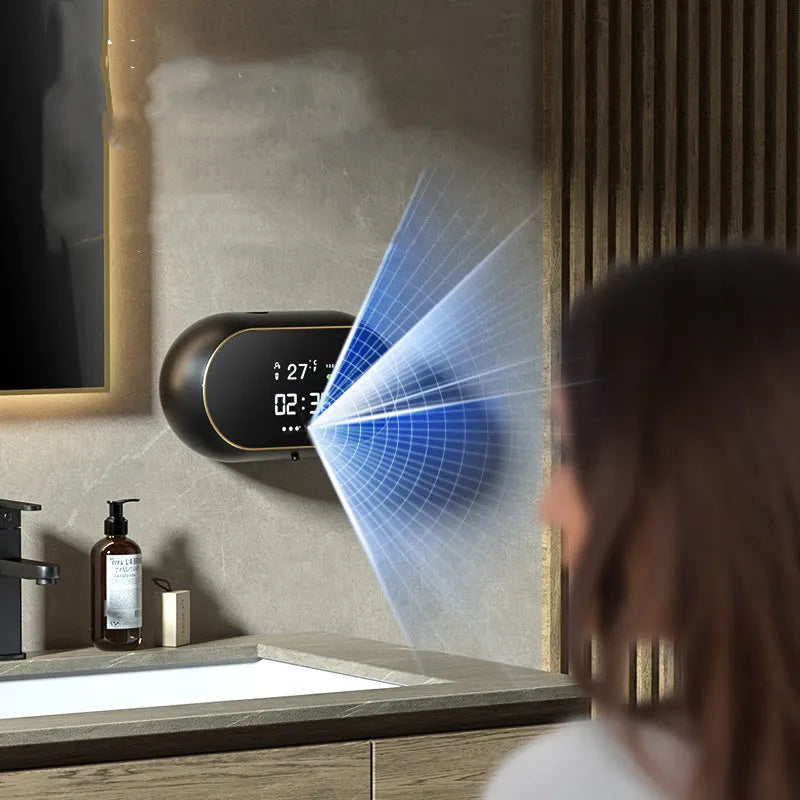 White automatic wall-mounted foam soap dispenser with sensor, USB cable, and 500ml capacity.