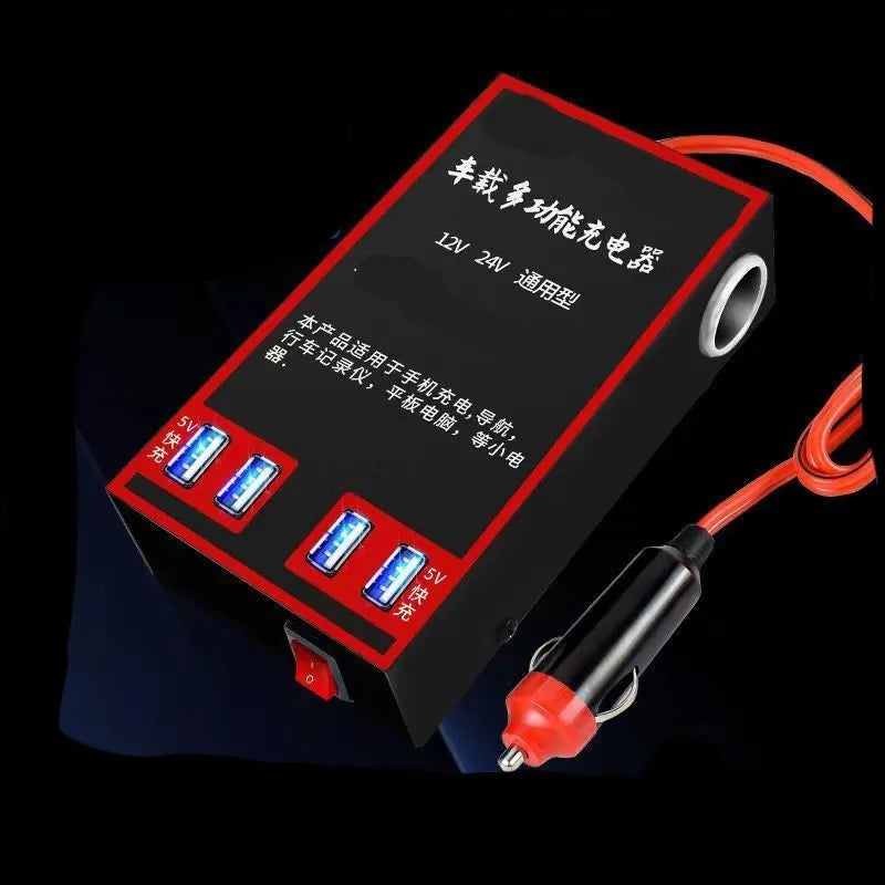 Black automotive power converter converting 12V/24V vehicle power to 220V AC with USB charging