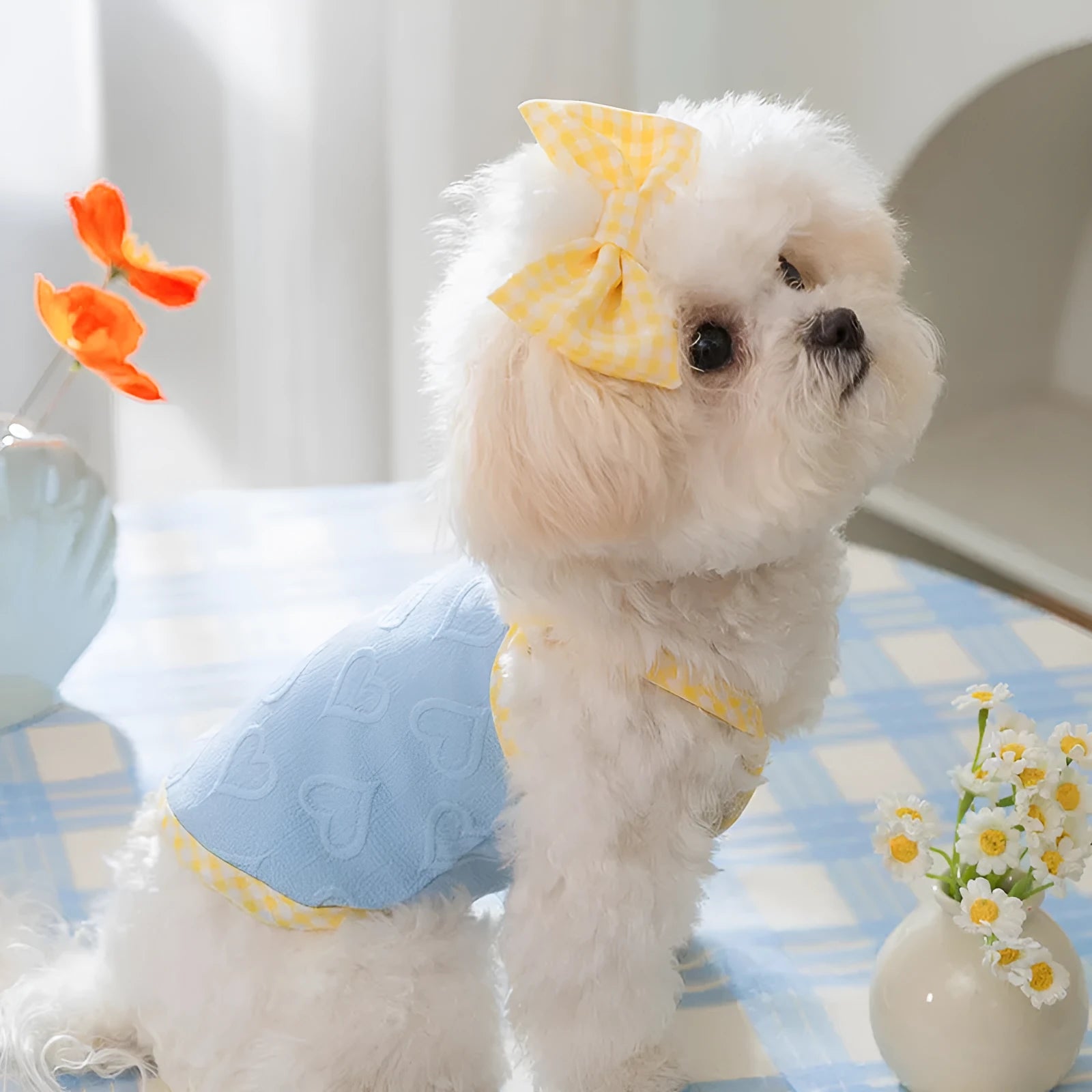 Small dog vest with heart bow suspenders in elastic material showing Bondi Blue colour option