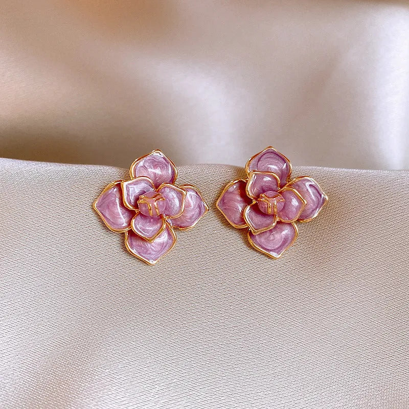Gold-plated purple flower stud earrings with oil-spot glaze effect on copper material