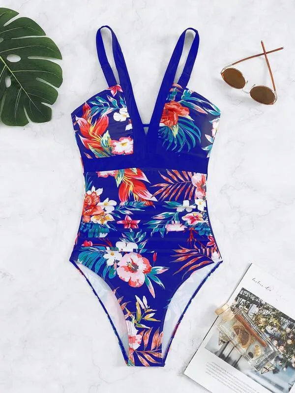 Women's floral backless one-piece swimsuit in polyester spandex blend with high elasticity