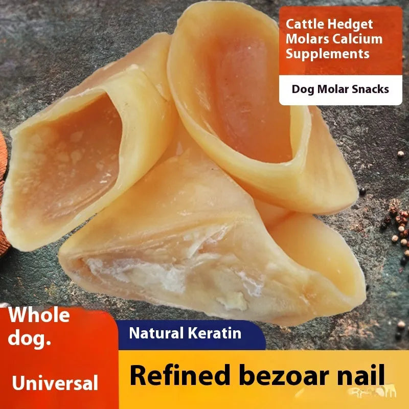 Natural cowhide dog chew treat in cow hoof shell colour showing small and large size options