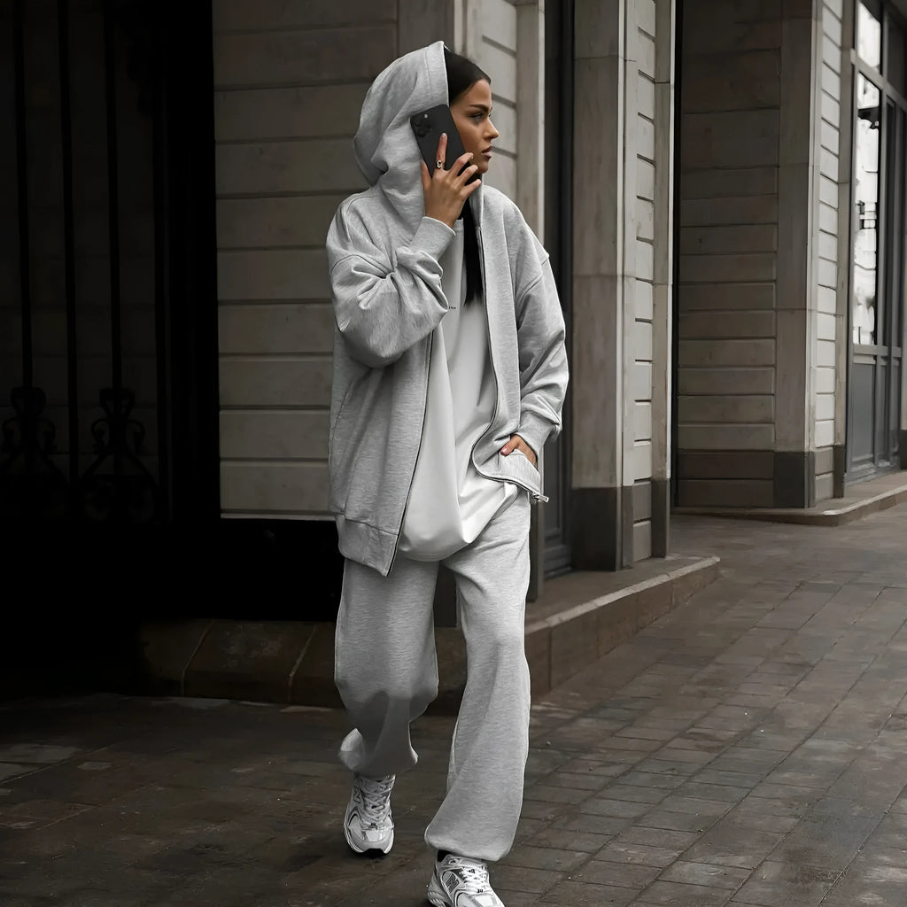 Street style long-sleeved coat and trousers two-piece set in solid colour loose fit