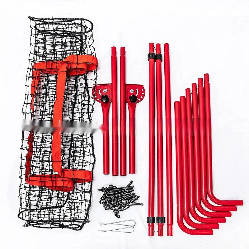 Red portable baseball training net with adjustable metal frame folded for storage