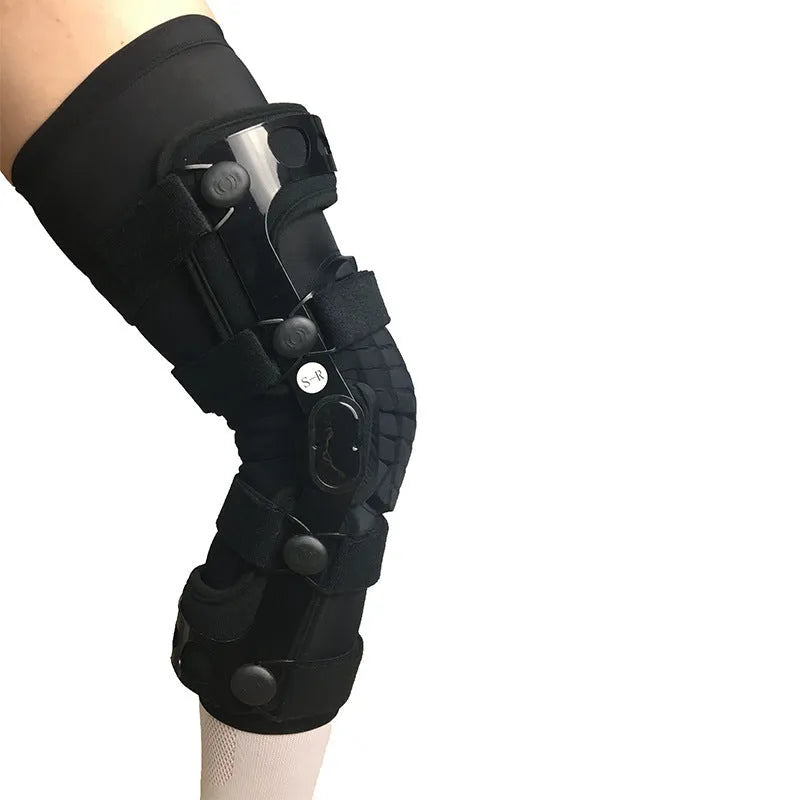 Black anterior ligament knee pad with metal hinge brace, showing left and right leg sizes.