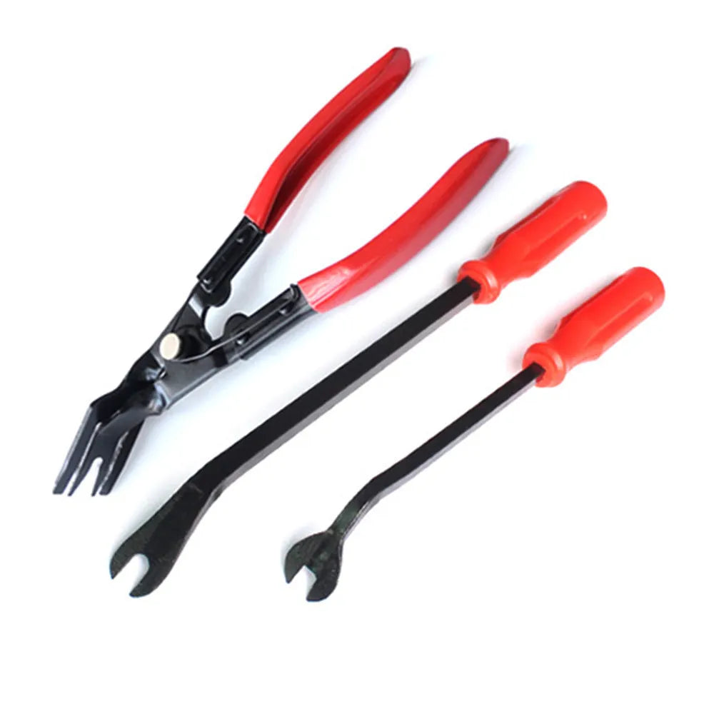 Red handle automotive clip driver tool for General Motors door panel removal with light switch pliers
