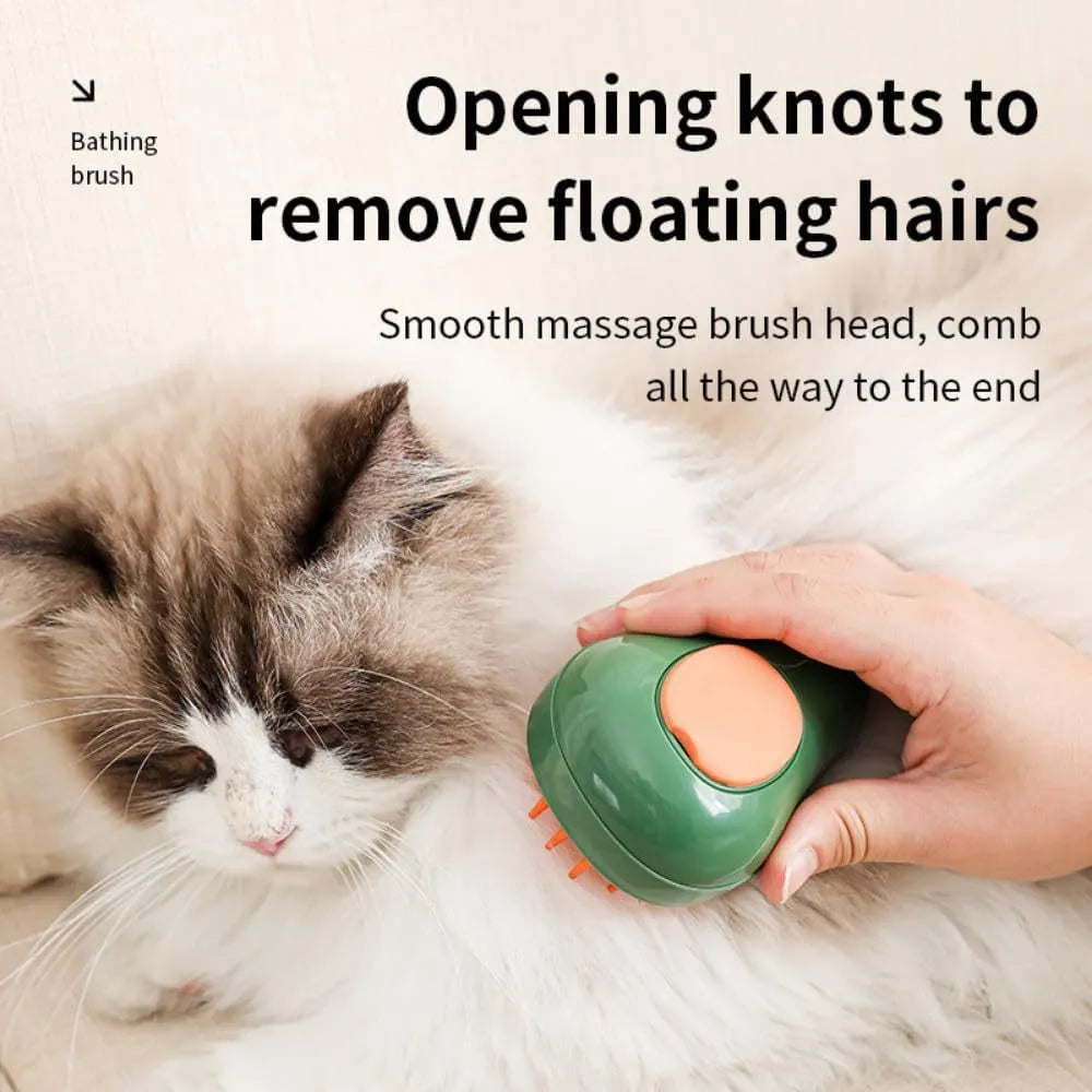 Green cat steam brush with water spray function and silicone teeth for pet grooming