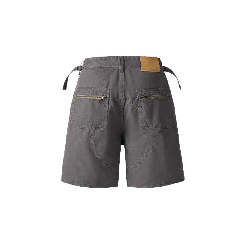 Retro workwear shorts in washed cotton with half elastic waistband shown in grey, green, camouflage, and blue colours