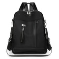 Large black PU backpack with a three-dimensional pocket, shown open to reveal internal phone pocket.