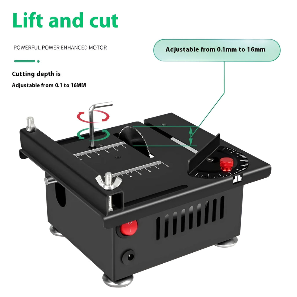 Lithium ion micro household desktop saw with metal construction on workbench