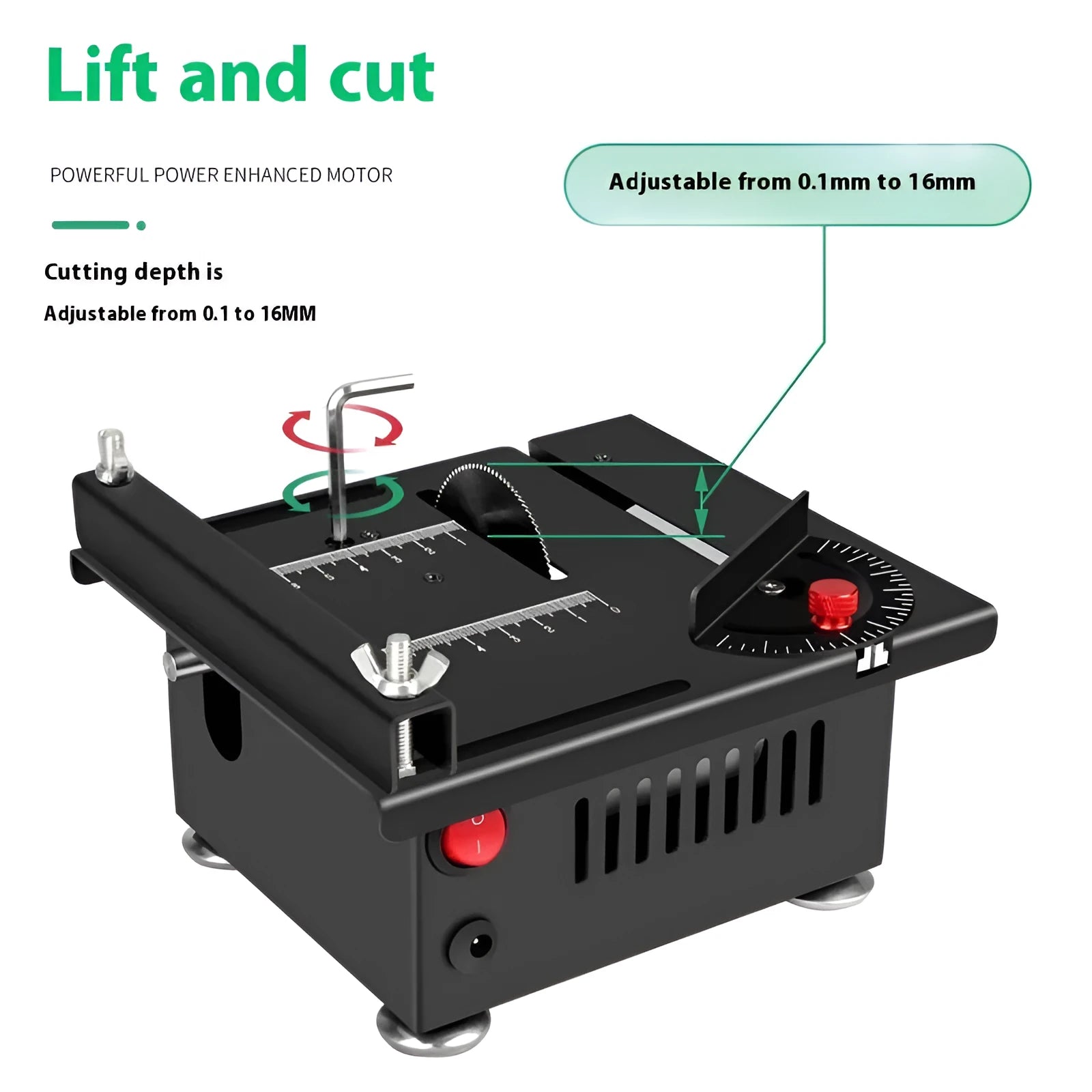 Lithium ion micro household desktop saw with metal construction on workbench