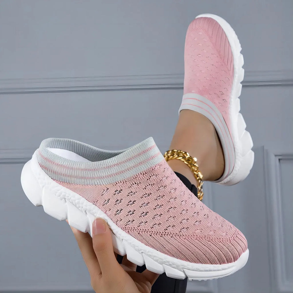 Women's Flyknit sports slipper shoes in striped pattern with height increasing sole