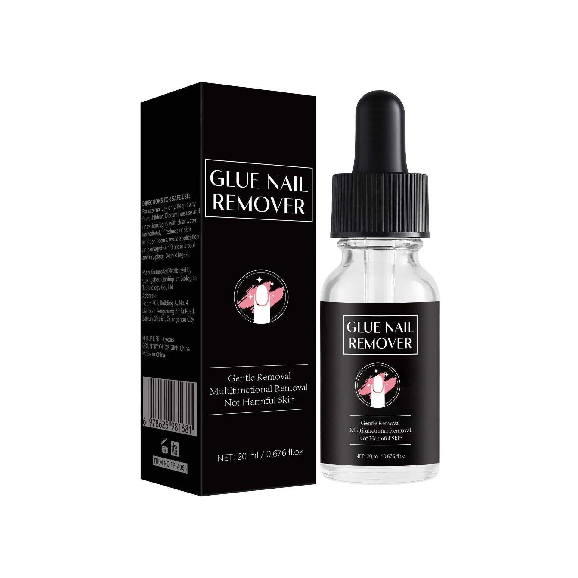 20ml bottle of nail glue remover with precision application tool, FP-A066 specification.
