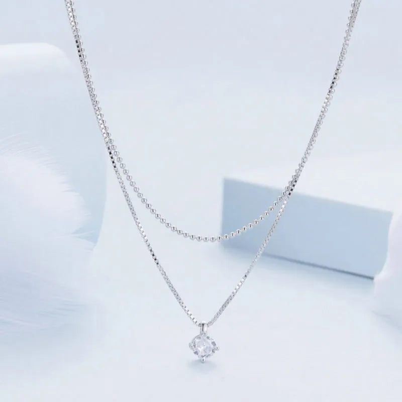Women's silver double-layer necklace with S925 sterling silver pendant on pearl chain