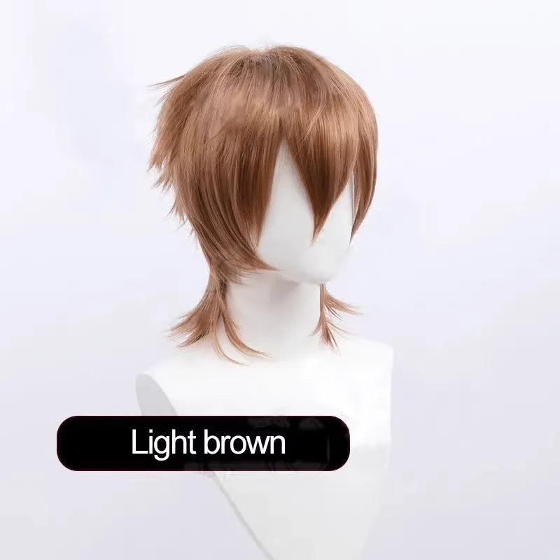 Short anime-style cosplay wig with a lengthened hair tail on a display stand.