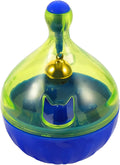 Blue tumbler-shaped pet treat dispenser ball for dogs and cats