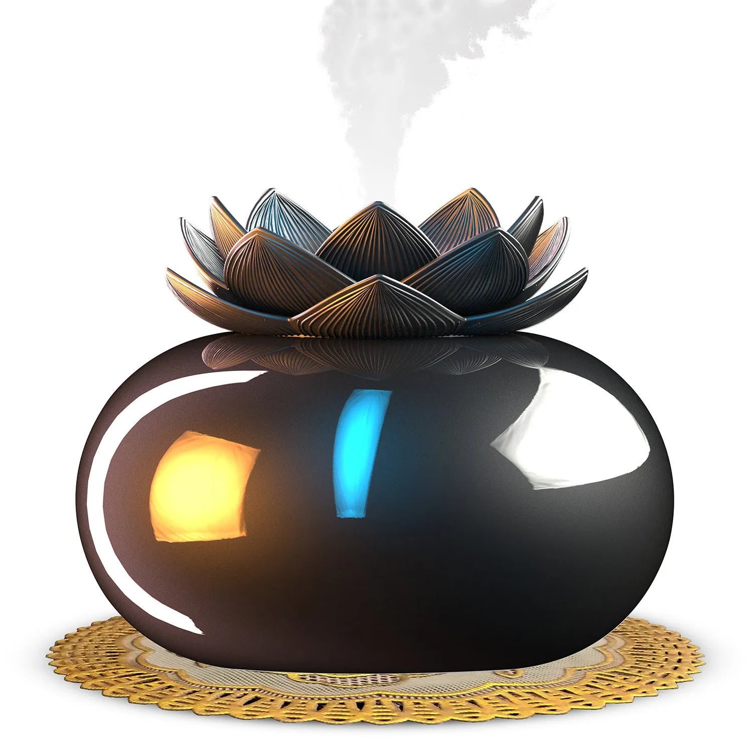 Black round lotus aromatherapy humidifier with USB port for power connection
