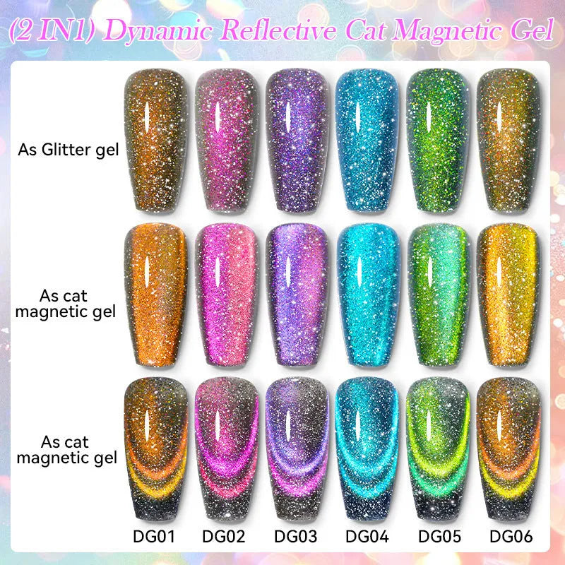 UV cat eye gel nail polish bottles with diamond glitter in six colour variations