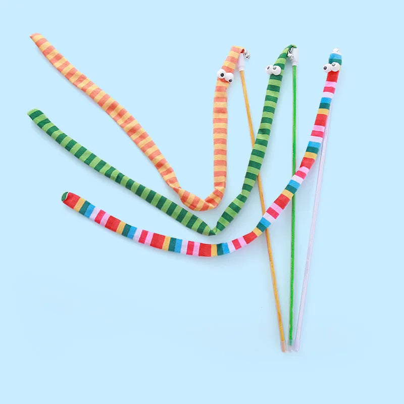 Long plush cat teaser wand toy with polycarbonate handle and colourful soft strip