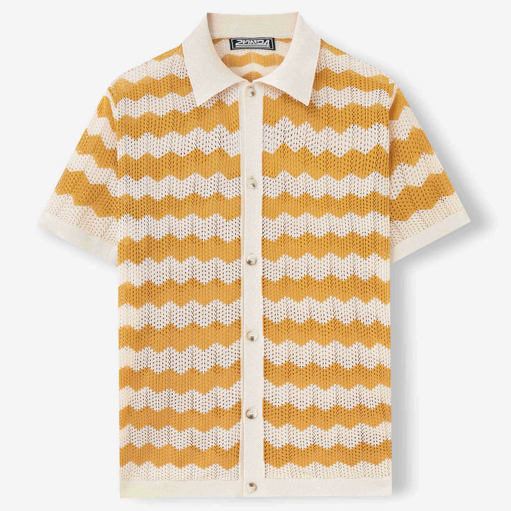 Men's blue short-sleeve sweater with a textured hollow jacquard corrugated pattern.